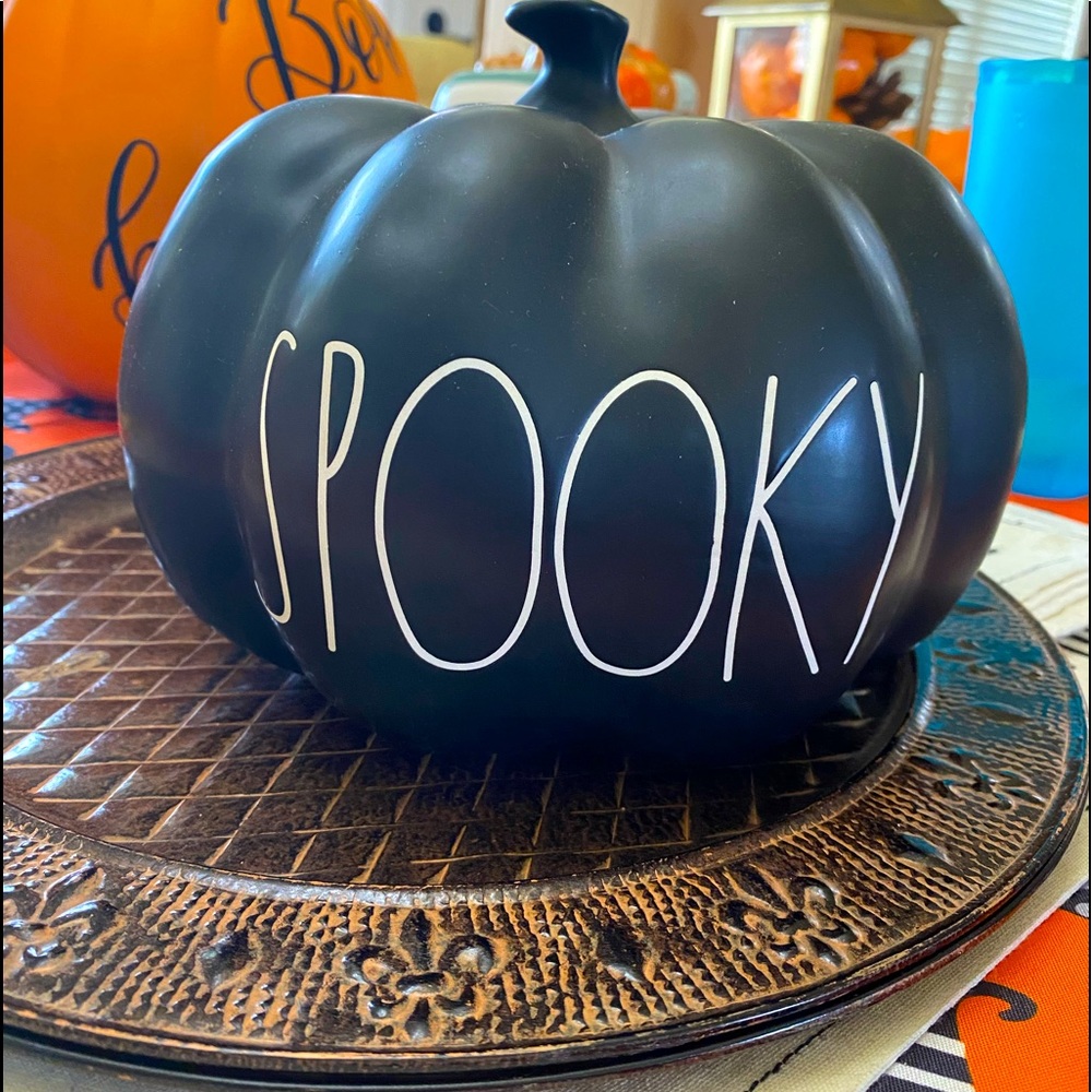 Rae Dunn medium size matte black pumpkin “Spooky”